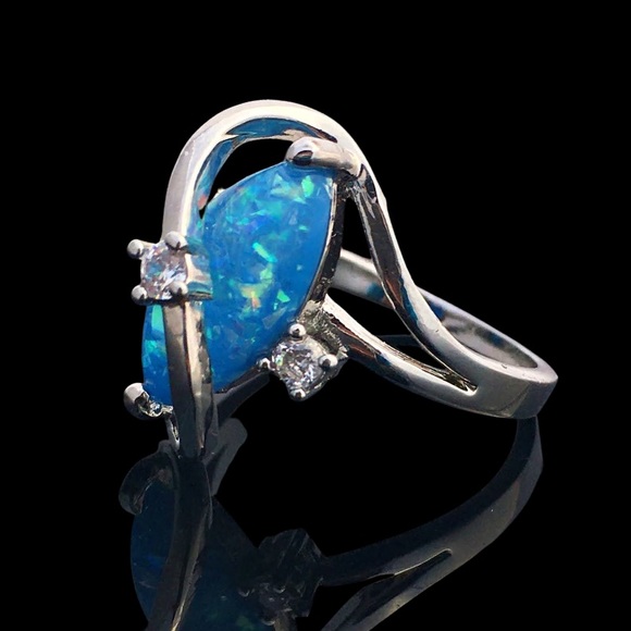 Sterling Silver Blue Opal Promise Ring 925 - Picture 3 of 5